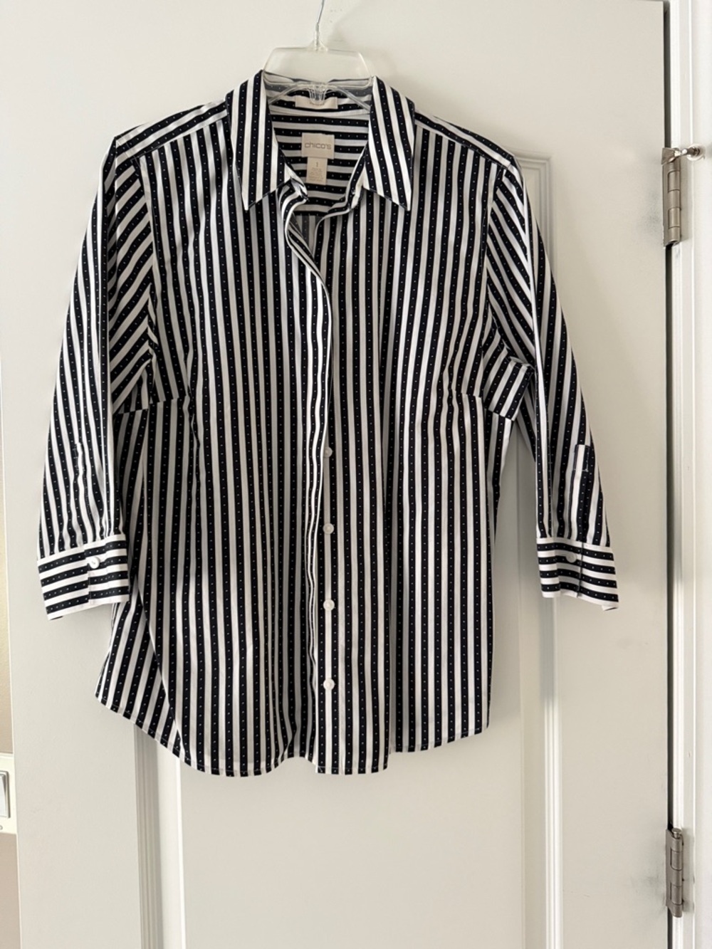 Chico’s Black White Striped Button Down Blouse Size 1 (Medium)